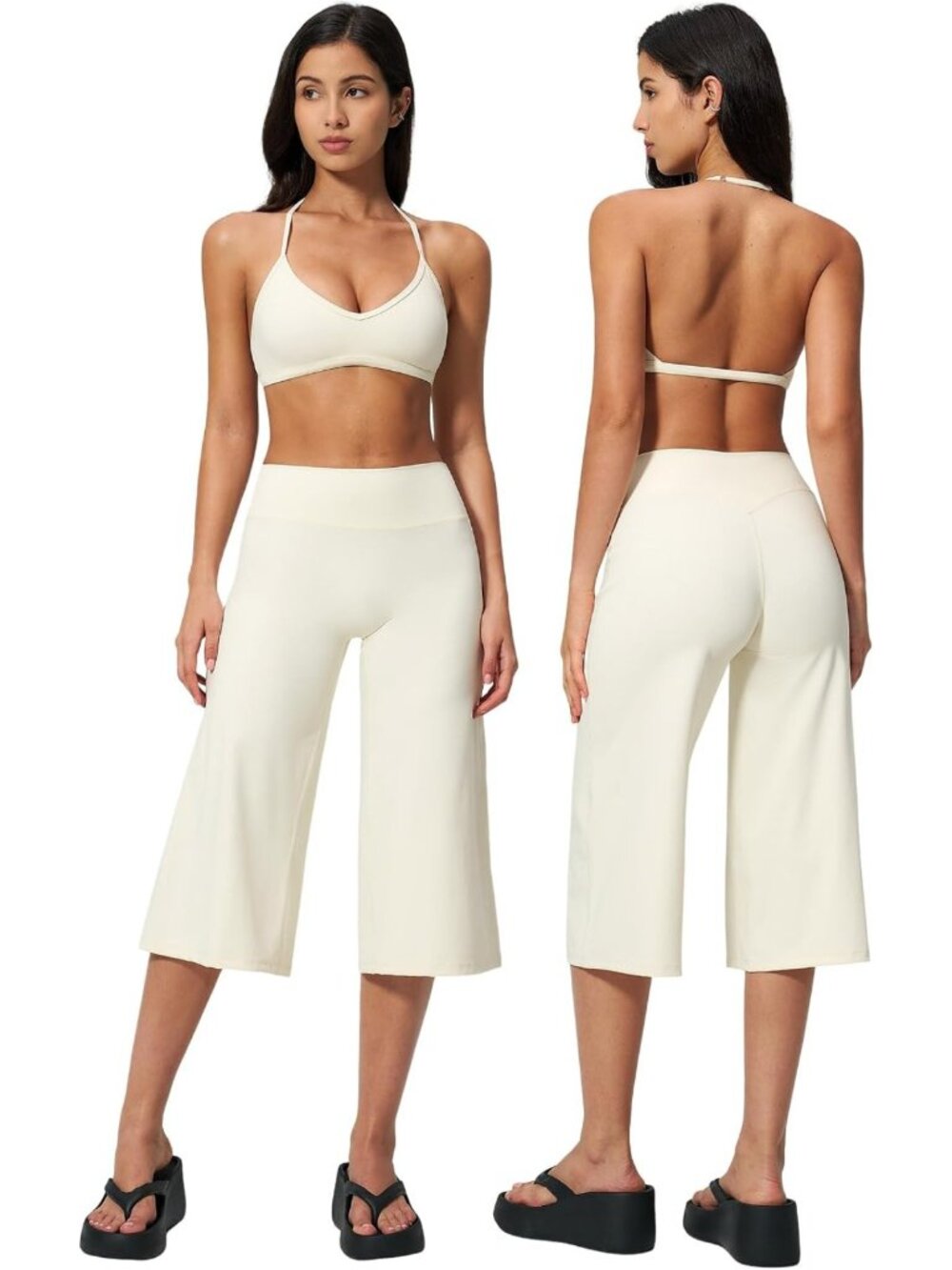 Stylish Women's Workout Set: Halter Sports Bra & Wide Leg Capri Pants for Gym